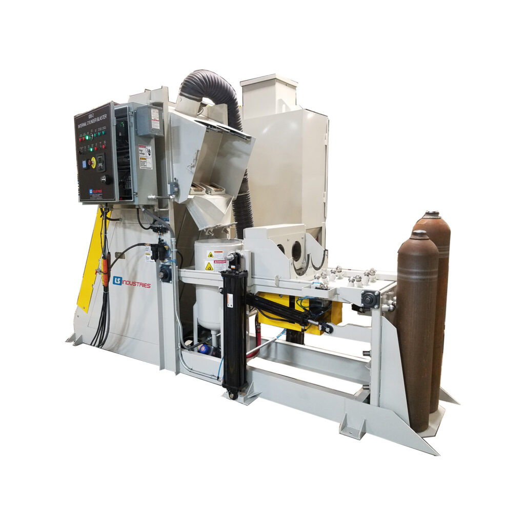 Interior view of an IDB2 interior cylinder blaster used for abrasive cleaning of the inside surfaces of cylindrical components.