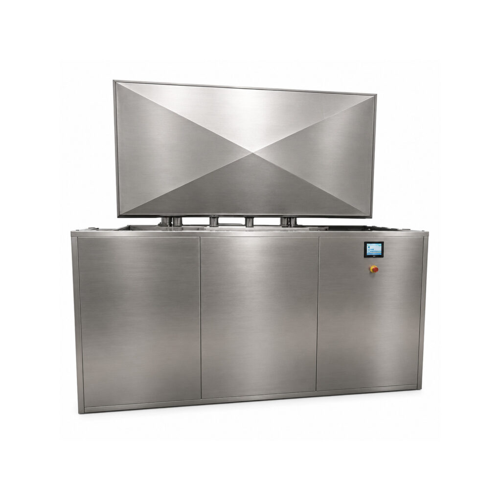 Angled view of an ultrasonic washer designed to remove contaminants from parts using high-frequency sound waves and specialized cleaning solutions.