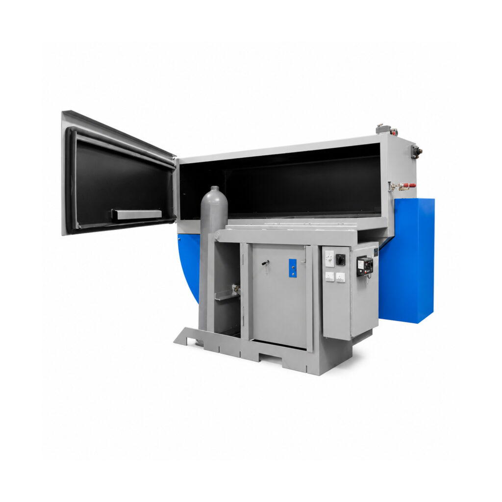 Angled view of a batch cylinder shot blaster used for abrasive cleaning and surface preparation of cylinders in a batch processing system.