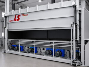 Optional automatic lift-up doors on a propane tank blaster providing hands-free access for loading and unloading cylinders.