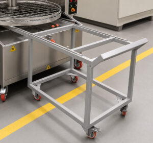 Optional rolling cart for a stainless steel washer designed to simplify loading, unloading, and transportation of parts into and out of the wash chamber.