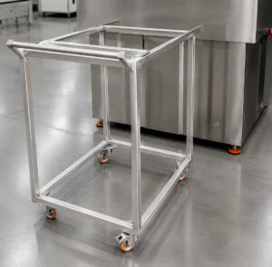 Optional rolling cart positioned at the entrance of an industrial pressure washer, designed to simplify loading and unloading of heavy parts and assemblies.