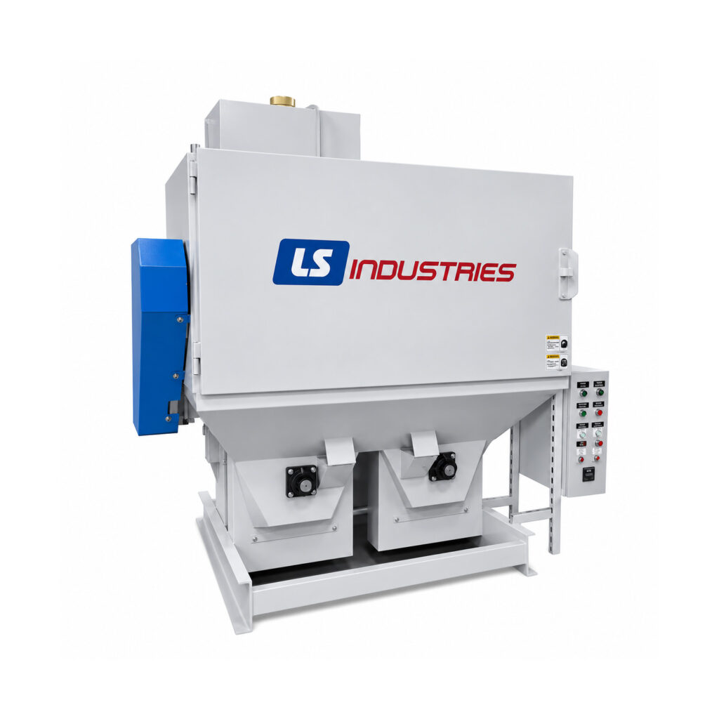 Angled view of a batch cylinder shot blaster used for abrasive cleaning and surface preparation of cylinders in a batch processing system.