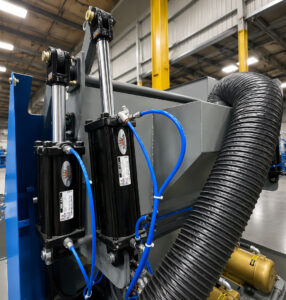 Pneumatic lifting system used to raise and open the access door on a cylinder blaster for loading and unloading operations.