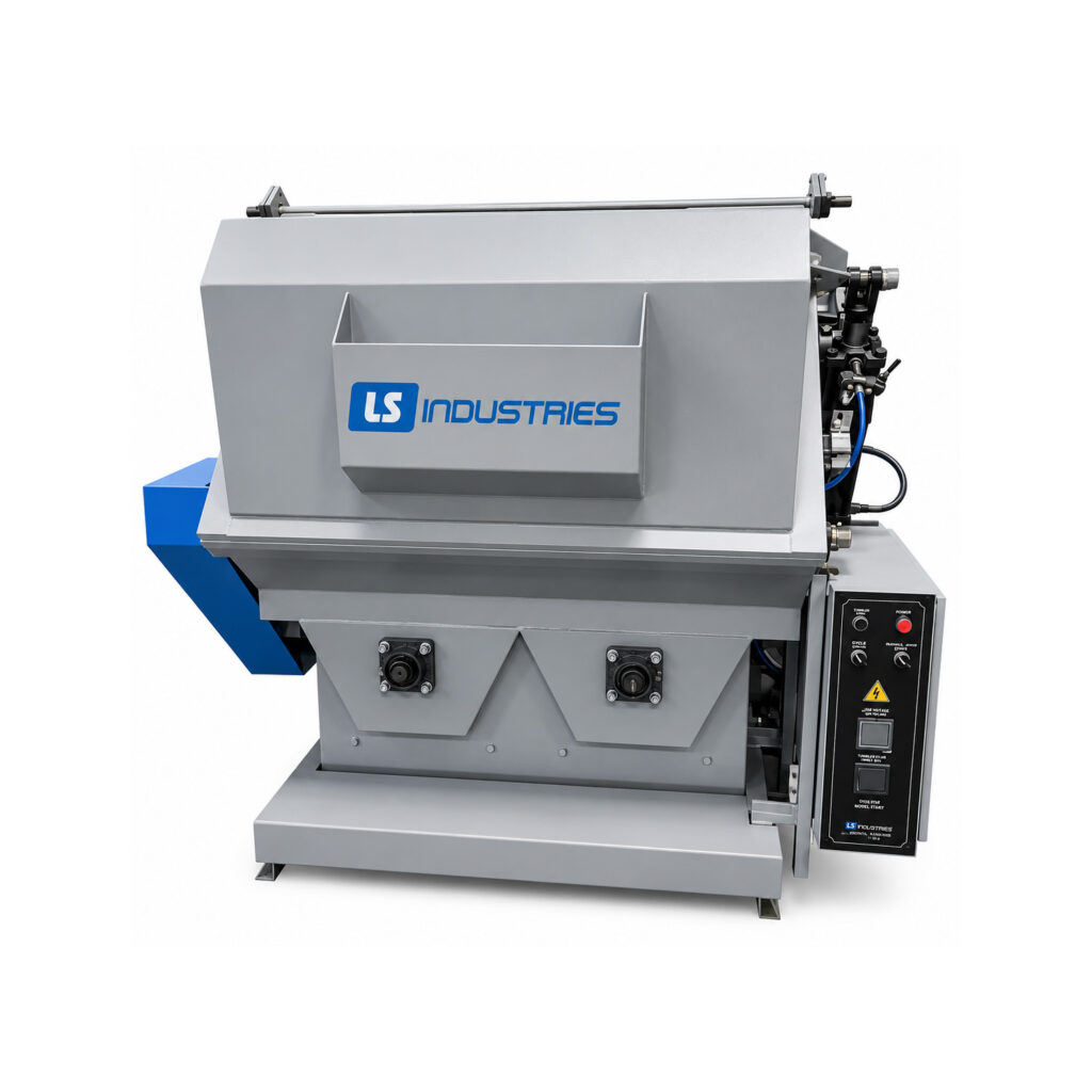 Angled view of a wheel rim blaster designed to clean and prepare steel wheels, rims, and similar circular components using automated abrasive blasting.