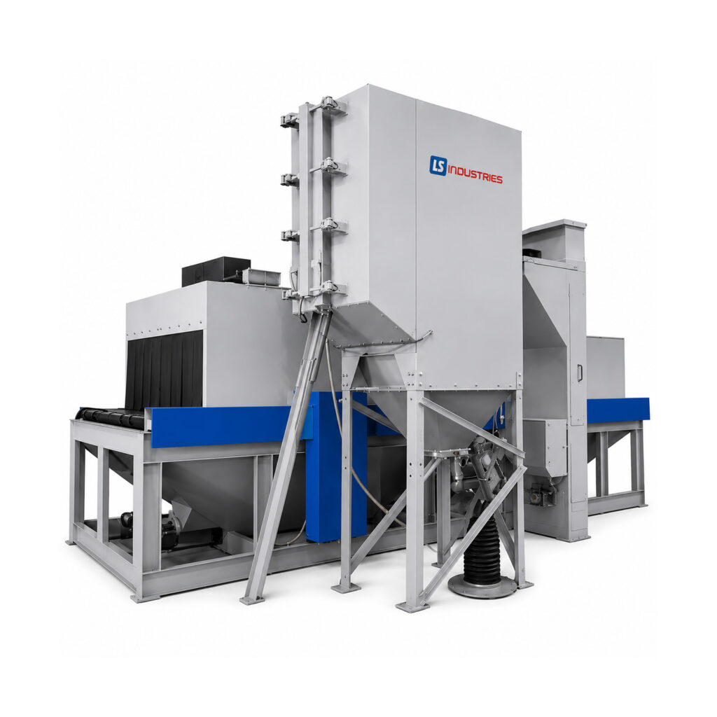 Angled view of a structural blaster designed for high-volume cleaning and surface preparation of structural steel, plate, tubing, and fabricated assemblies.