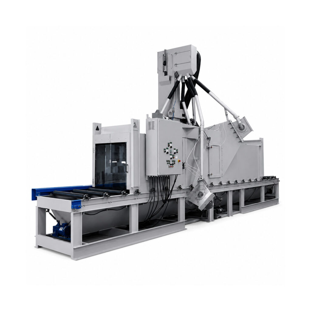 Angled view of a structural blaster designed for high-volume cleaning and surface preparation of structural steel, plate, tubing, and fabricated assemblies.