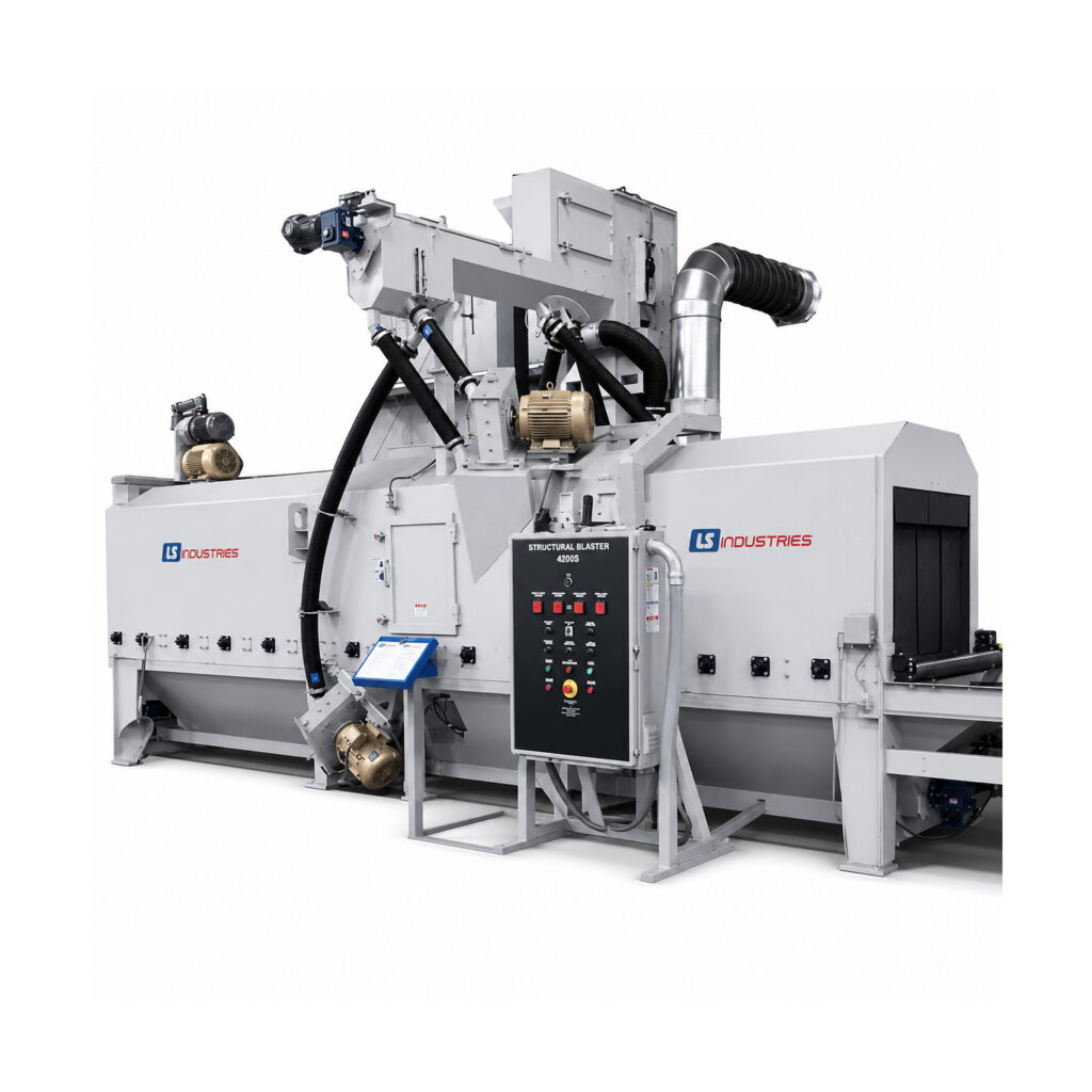 Angled view of a structural blaster designed for high-volume cleaning and surface preparation of structural steel, plate, tubing, and fabricated assemblies.