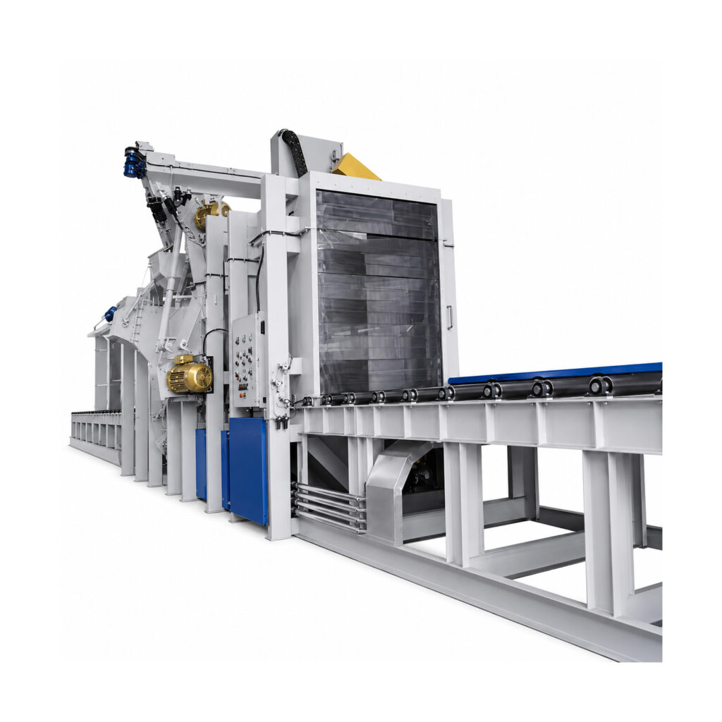 Angled view of a structural blaster designed for high-volume cleaning and surface preparation of structural steel, plate, tubing, and fabricated assemblies.