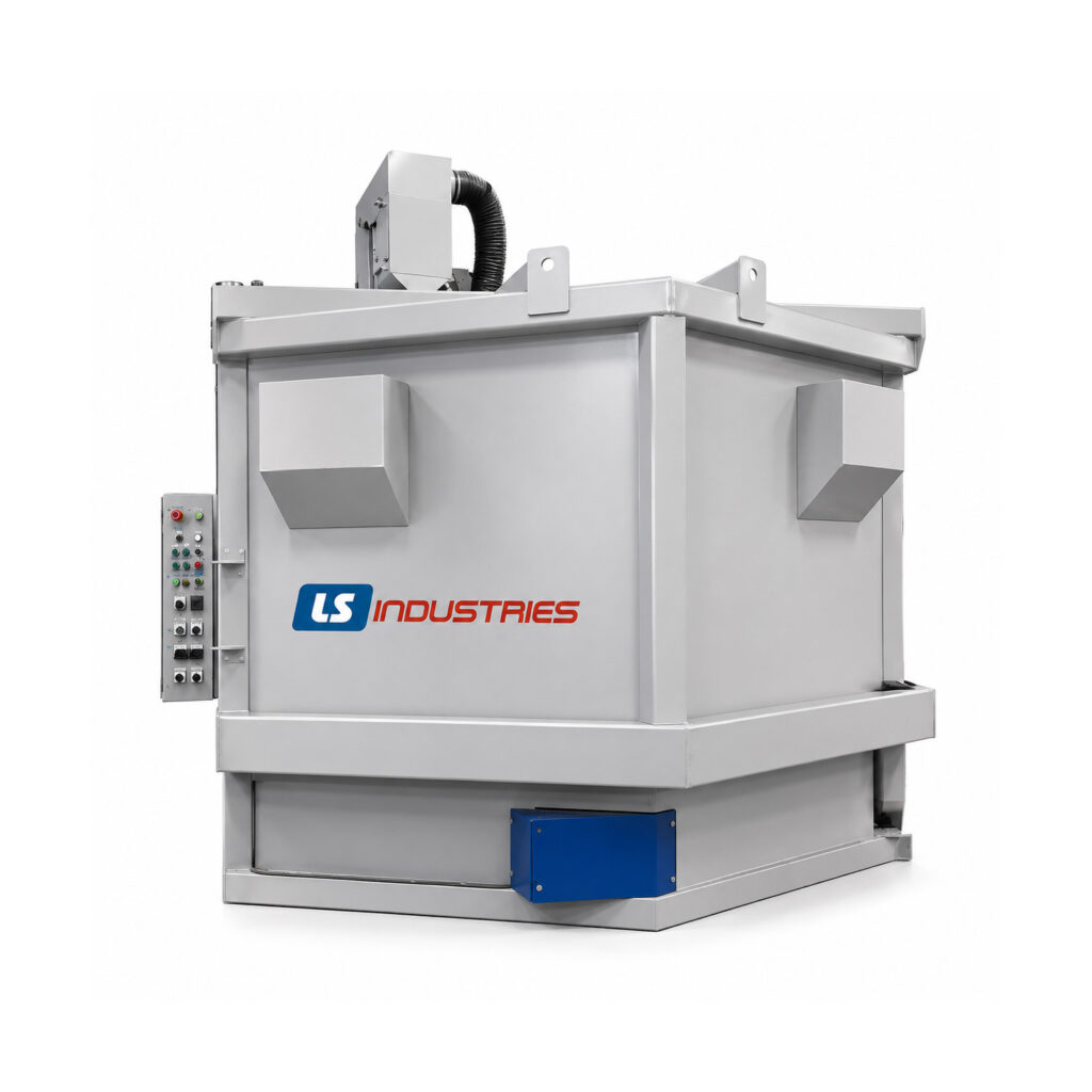 Angled view of a table blaster designed to clean and prepare large, heavy, or irregularly shaped parts using abrasive blasting on a rotating worktable.