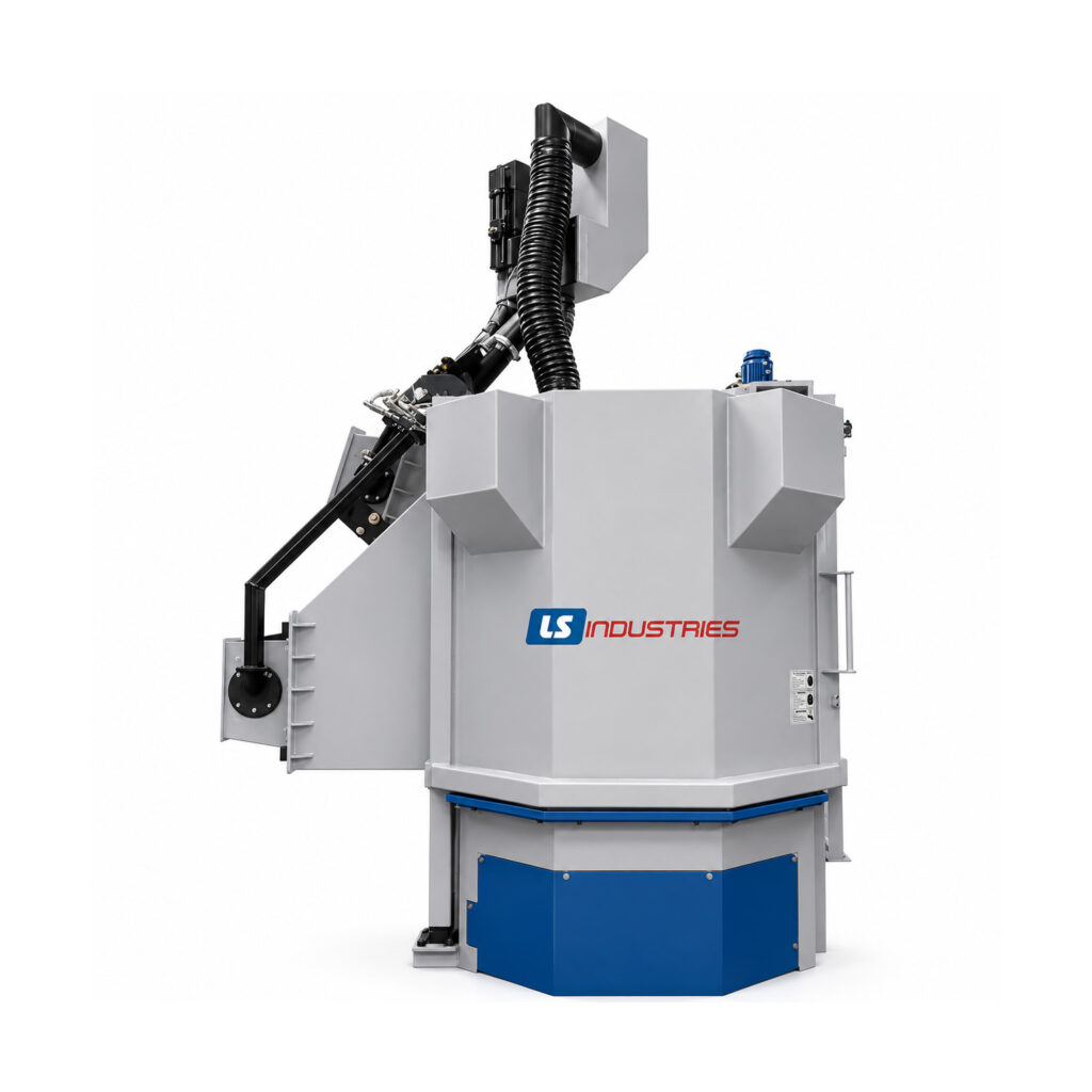 Angled view of a table blaster designed to clean and prepare large, heavy, or irregularly shaped parts using abrasive blasting on a rotating worktable.
