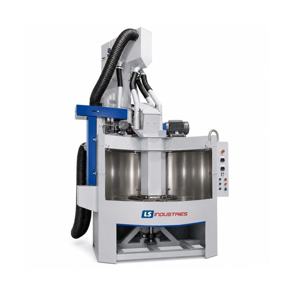 Angled view of a table blaster designed to clean and prepare large, heavy, or irregularly shaped parts using abrasive blasting on a rotating worktable.