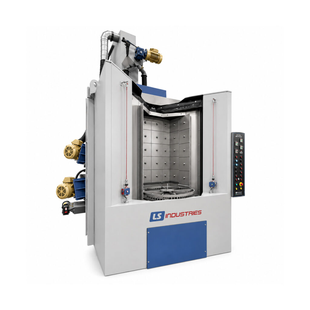 Angled view of a table blaster designed to clean and prepare large, heavy, or irregularly shaped parts using abrasive blasting on a rotating worktable.