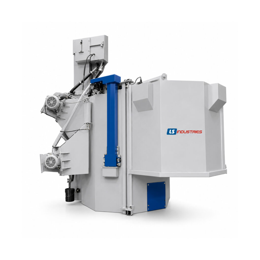 Angled view of a table blaster designed to clean and prepare large, heavy, or irregularly shaped parts using abrasive blasting on a rotating worktable.