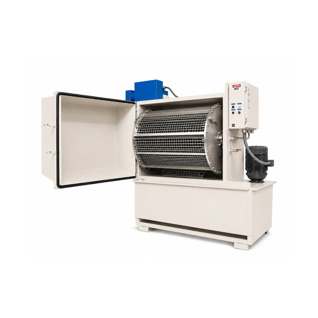 Angle view of an LS Industries tumble washer featuring a rotating basket system designed for cleaning industrial parts, with a durable steel construction and integrated wash chamber.