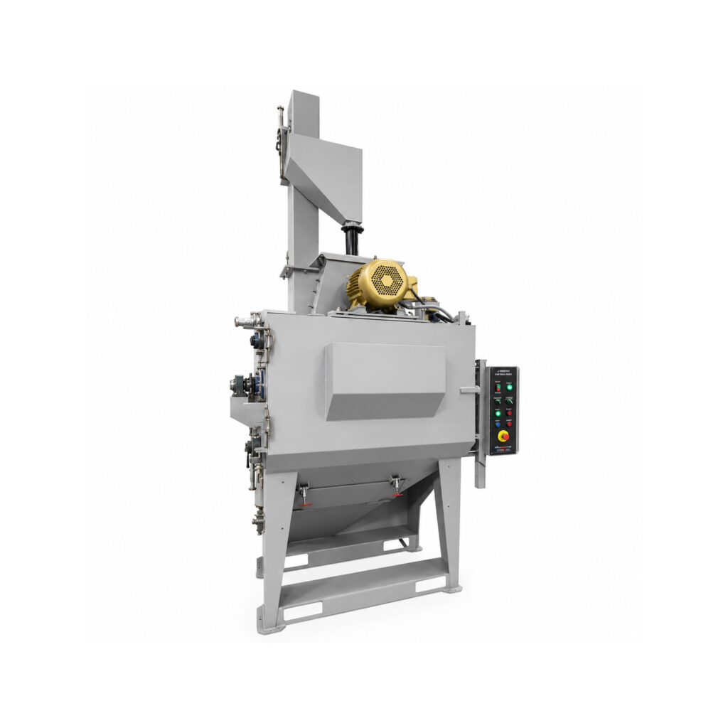 Angled view of a rubber belt tumbler blaster designed to clean and prepare batches of parts using a durable rotating rubber belt and high-velocity abrasive blasting.