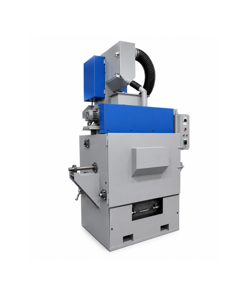 Angled view of a rubber belt tumbler blaster designed to clean and prepare batches of parts using a durable rotating rubber belt and high-velocity abrasive blasting.