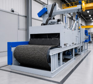 Angled view of a wire mesh belt blaster designed to continuously clean and surface prepare parts using a durable wire mesh conveyor and abrasive blasting system.