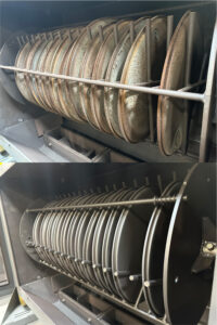 Side-by-side comparison showing a drum lid before and after abrasive cleaning in a drum lid blaster, highlighting rust removal and restored surface finish.