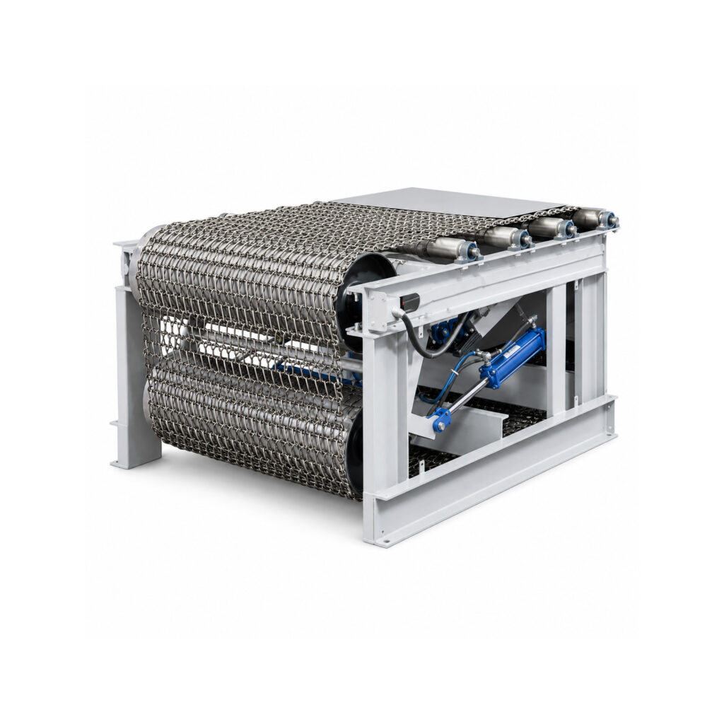 Angled view of a belt conveyor automation and handling system designed to transport parts and materials smoothly between manufacturing and finishing processes.