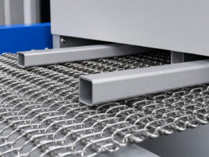 Parts traveling on a chain conveyor through a flow-through blaster, receiving automated abrasive blasting for cleaning and surface preparation.
