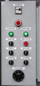 Control panel for a drum crusher featuring machine controls, safety systems, and operational monitoring for the drum crushing process.