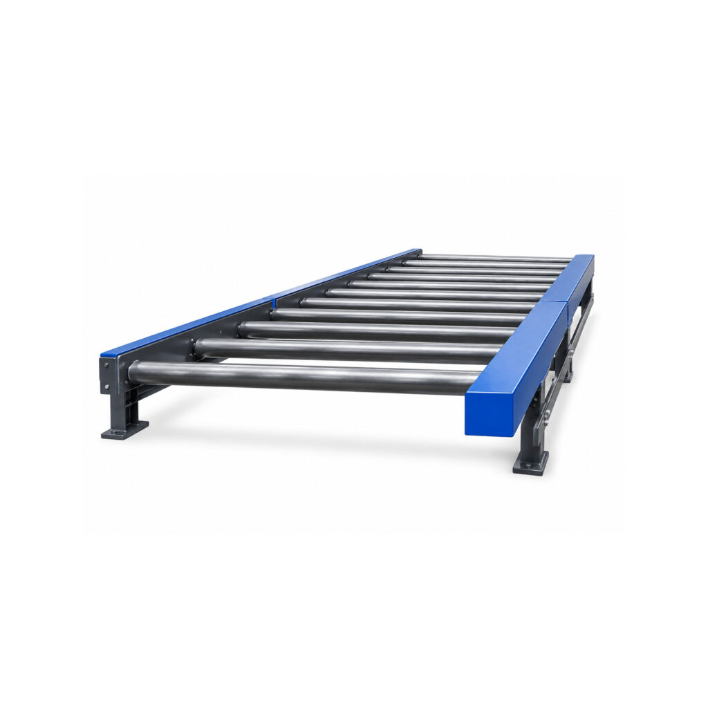 Angled view of a roller conveyor automation and handling system designed to transport parts and materials efficiently between production processes.