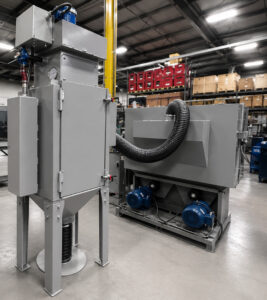 Dust collector and rear angled view of a batch drum lid blaster highlighting the impeller motor that powers the abrasive blasting system.