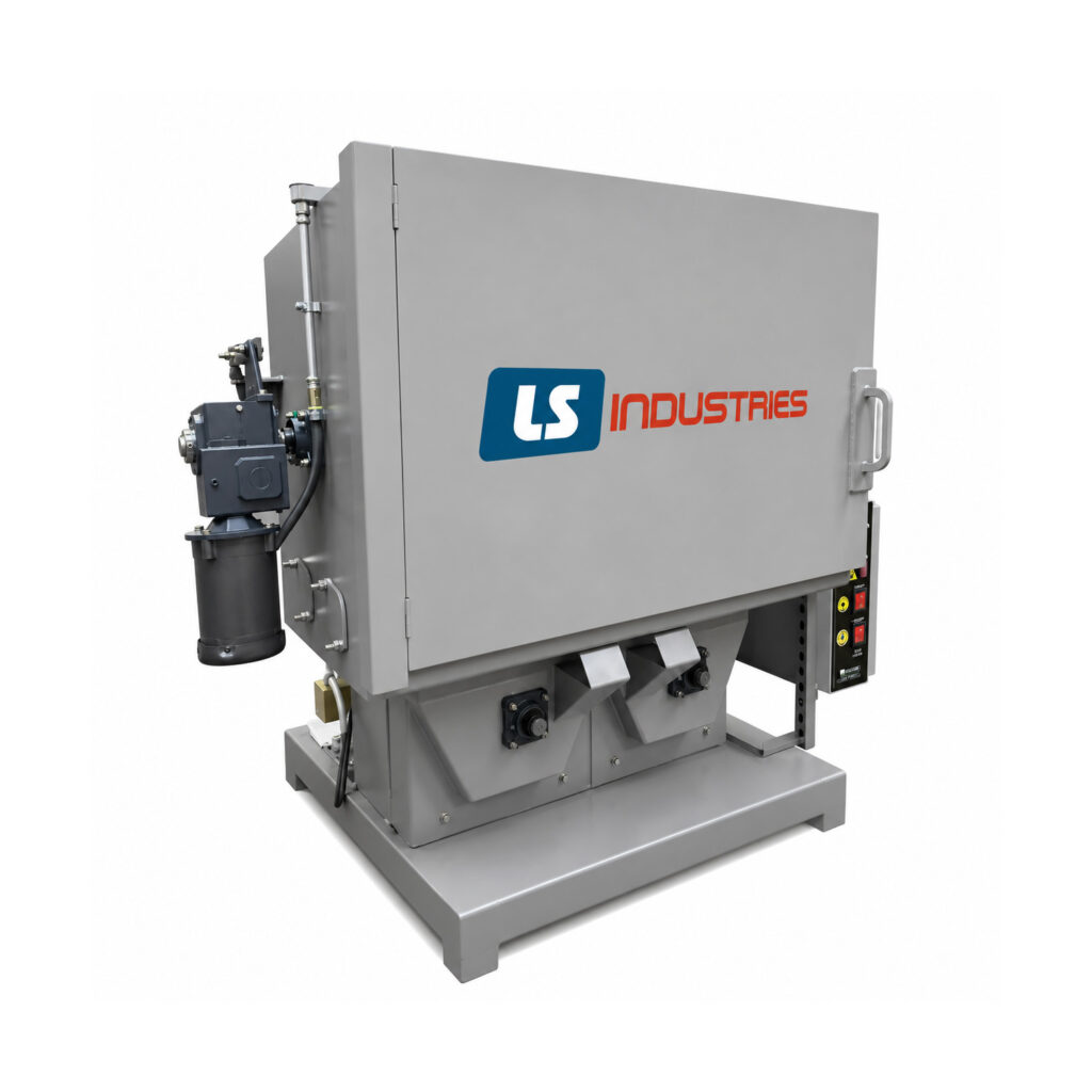 Angled view of a batch drum lid blaster designed to clean and prepare steel drum lids through automated abrasive blasting.