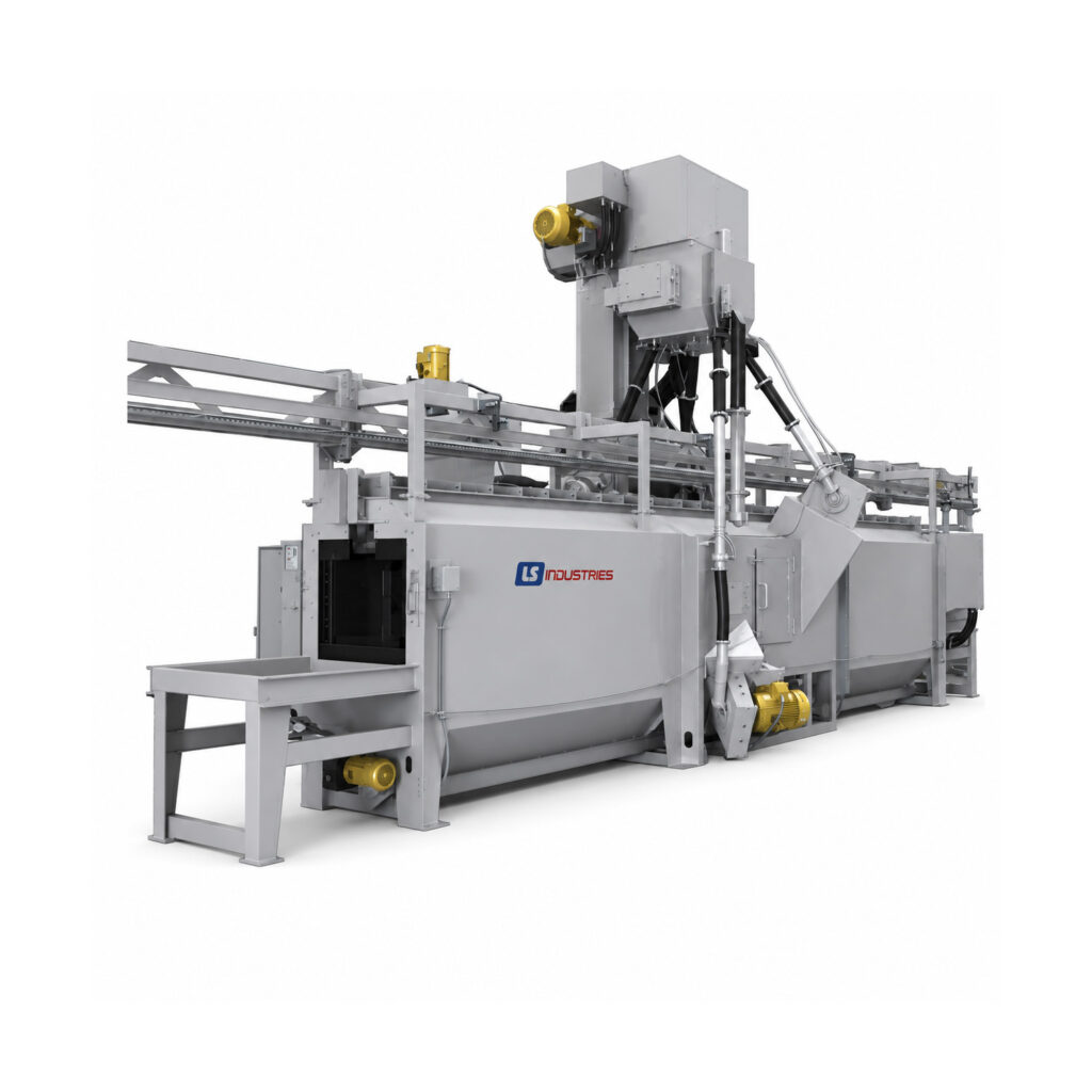 Angled view of a monorail blaster designed to automatically blast large, heavy, or irregularly shaped parts suspended from an overhead monorail conveyor.