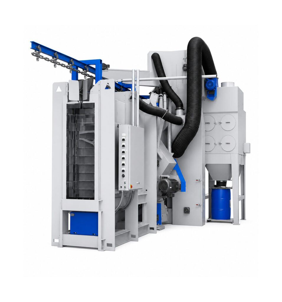 Angled view of a monorail blaster designed to automatically blast large, heavy, or irregularly shaped parts suspended from an overhead monorail conveyor.
