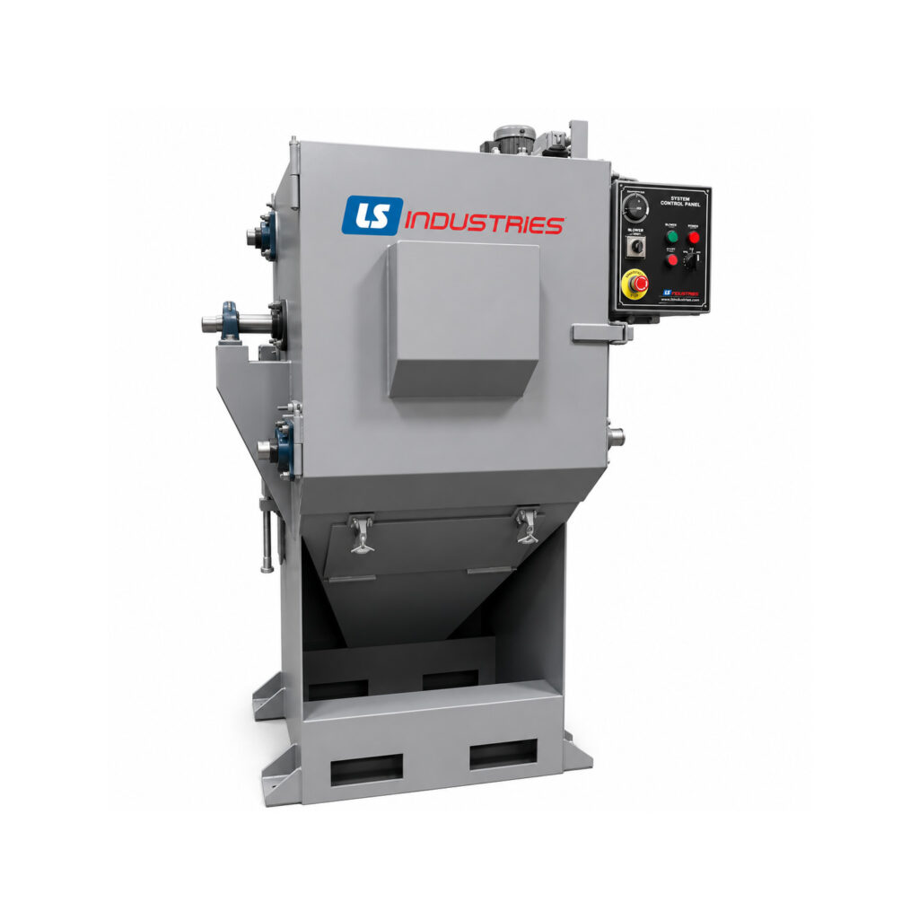 Angled view of a rubber belt tumbler blaster designed to clean and prepare batches of parts using a durable rotating rubber belt and high-velocity abrasive blasting.