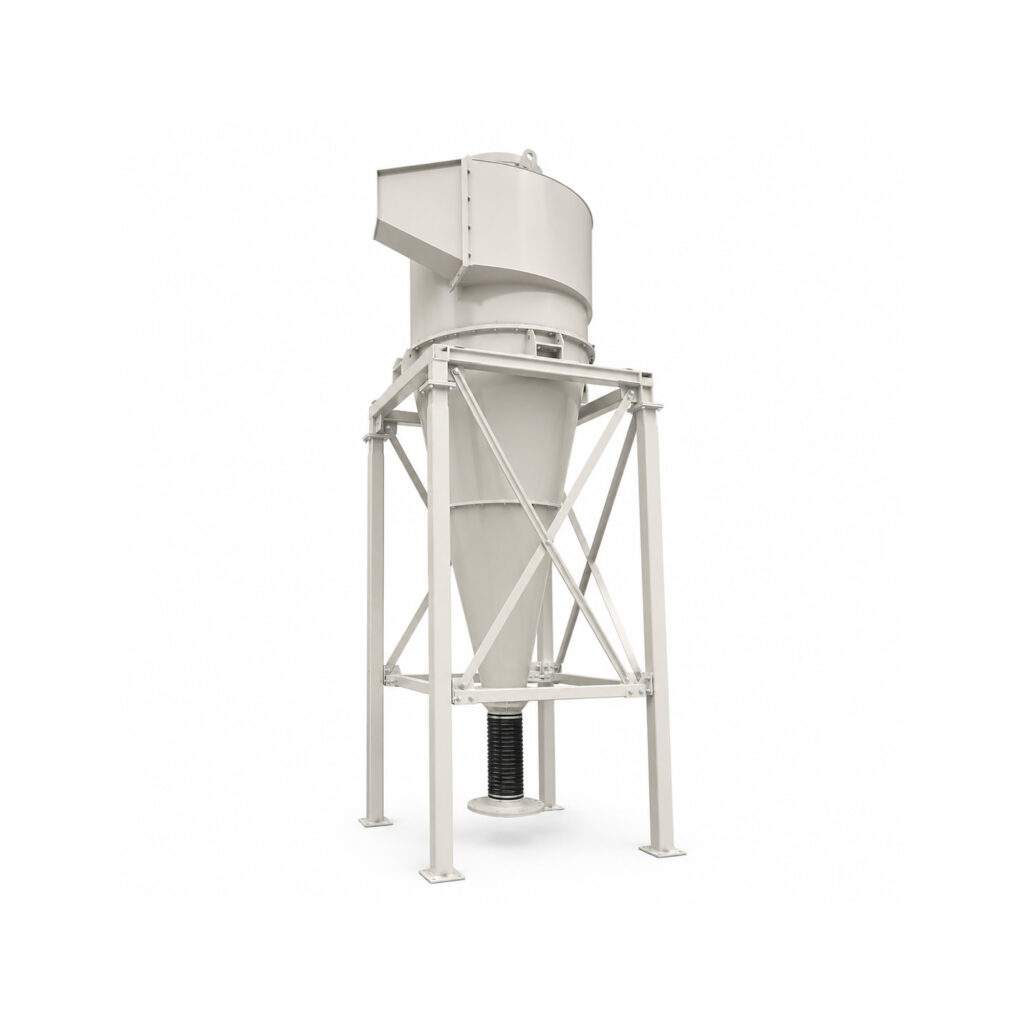 Angled view of a cyclone separator designed to remove dust, abrasive fines, and particulate matter from an airstream using centrifugal force.