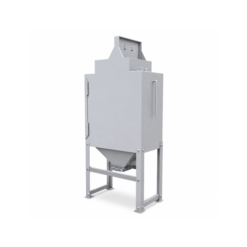 Angled view of a bag house style dust collector featuring the filtration housing, hopper section, and dust collection components used in industrial air filtration systems.