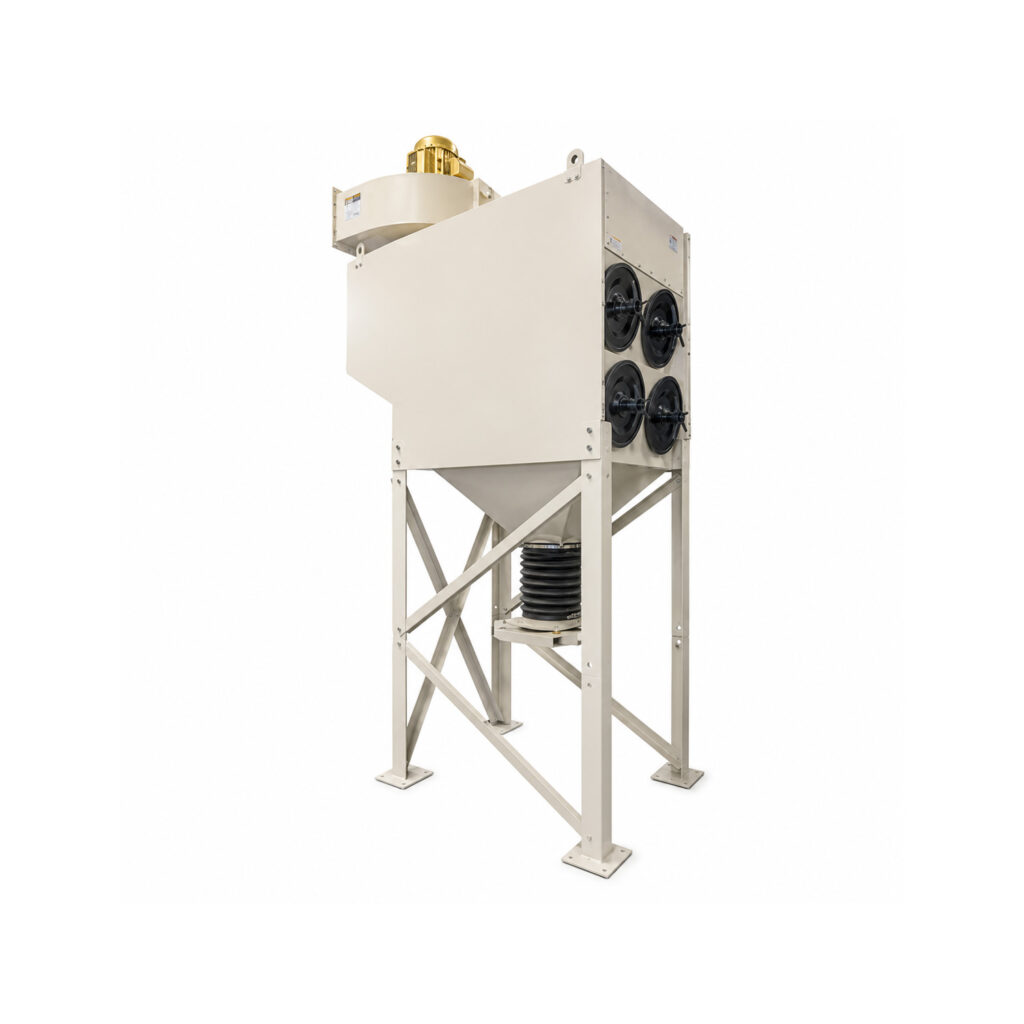 Angled view of a cartridge style dust collector designed to capture fine dust, abrasive particles, and airborne contaminants from industrial processes.