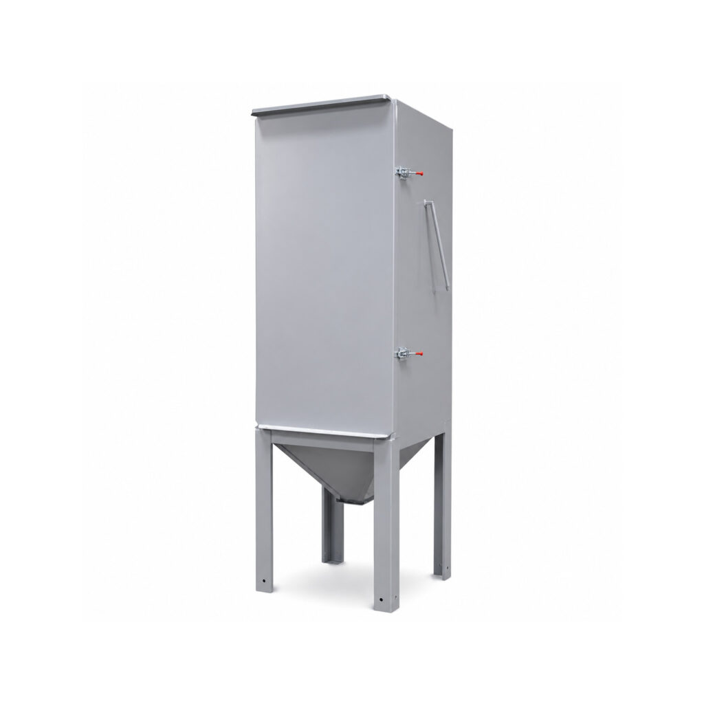 Angled view of a bag house style dust collector featuring the filtration housing, hopper section, and dust collection components used in industrial air filtration systems.