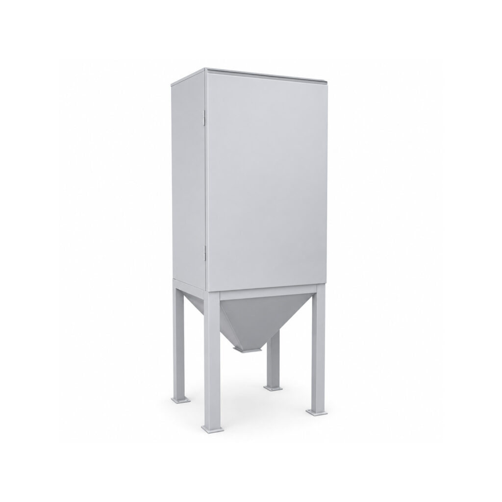 Angled view of a bag house style dust collector featuring the filtration housing, hopper section, and dust collection components used in industrial air filtration systems.
