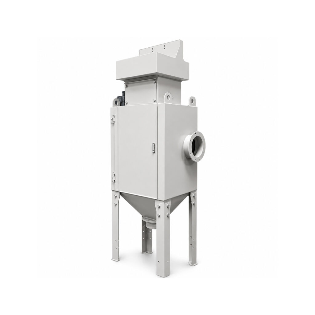 Angled view of a cartridge style dust collector designed to capture fine dust, abrasive particles, and airborne contaminants from industrial processes.