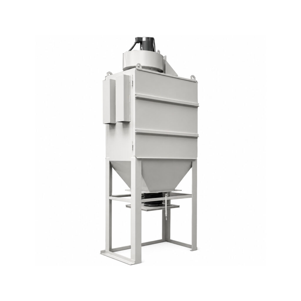 Angled view of a cartridge style dust collector designed to capture fine dust, abrasive particles, and airborne contaminants from industrial processes.