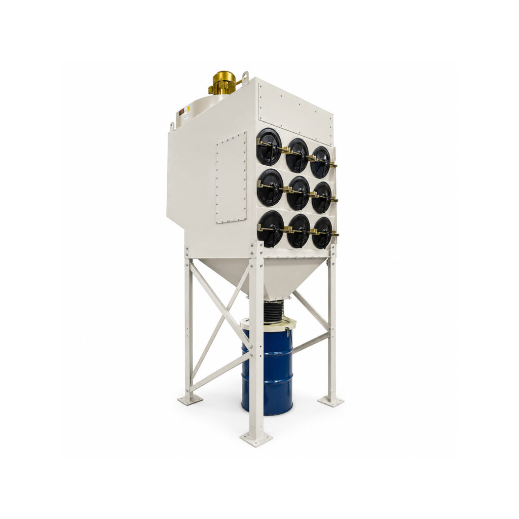 Angled view of a cartridge style dust collector designed to capture fine dust, abrasive particles, and airborne contaminants from industrial processes.