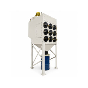 Angled view of a cartridge style dust collector designed to capture fine dust, abrasive particles, and airborne contaminants from industrial processes.