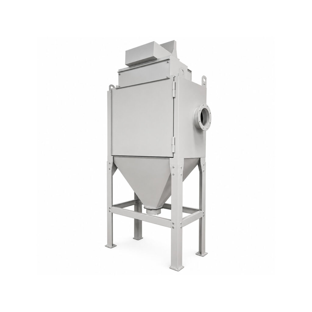 Angled view of a cartridge style dust collector designed to capture fine dust, abrasive particles, and airborne contaminants from industrial processes.