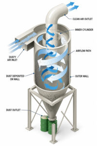 Diagram illustrating how a cyclone separator uses centrifugal force to separate dust and debris from an airflow stream before the air reaches a dust collector.