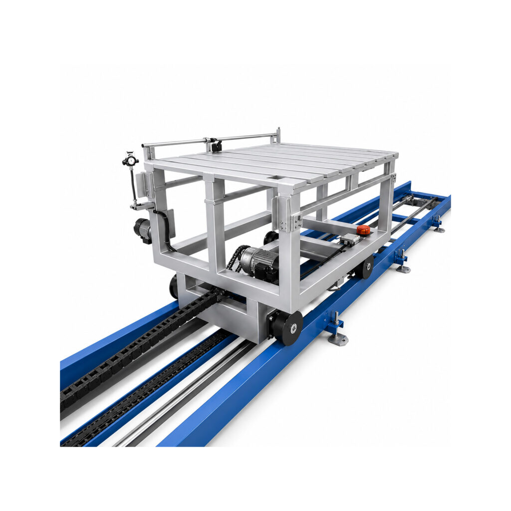 Angled view of a rail car handling system designed to transport large and heavy components through industrial production and finishing processes.
