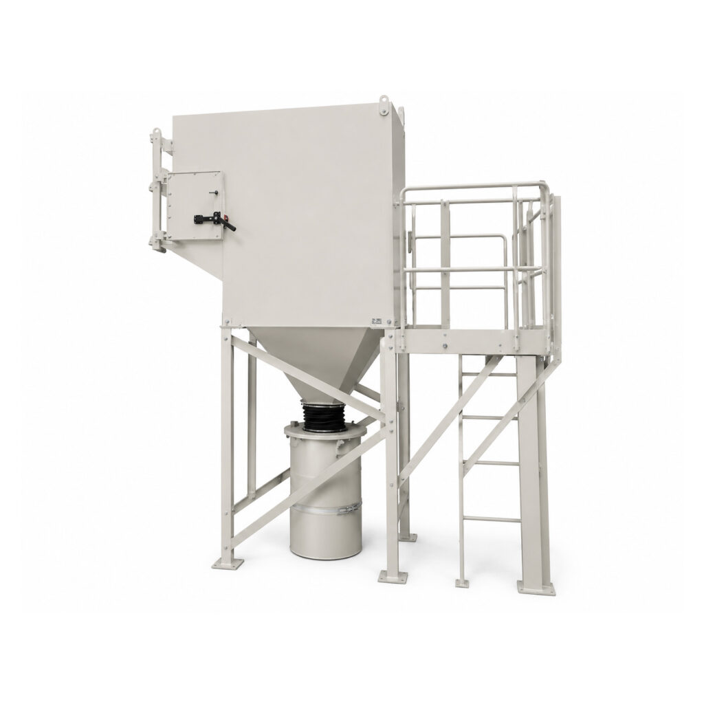 Angled view of a cartridge style dust collector designed to capture fine dust, abrasive particles, and airborne contaminants from industrial processes.
