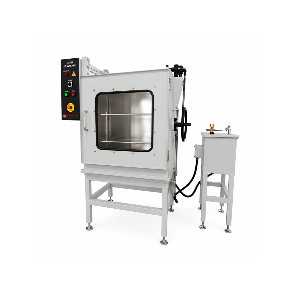 Angle view of an LS Industries Drum Lid Washer with integrated wash solution tank, featuring a heavy-duty wash chamber, filtration system, and recirculating cleaning solution designed for efficient drum lid cleaning.