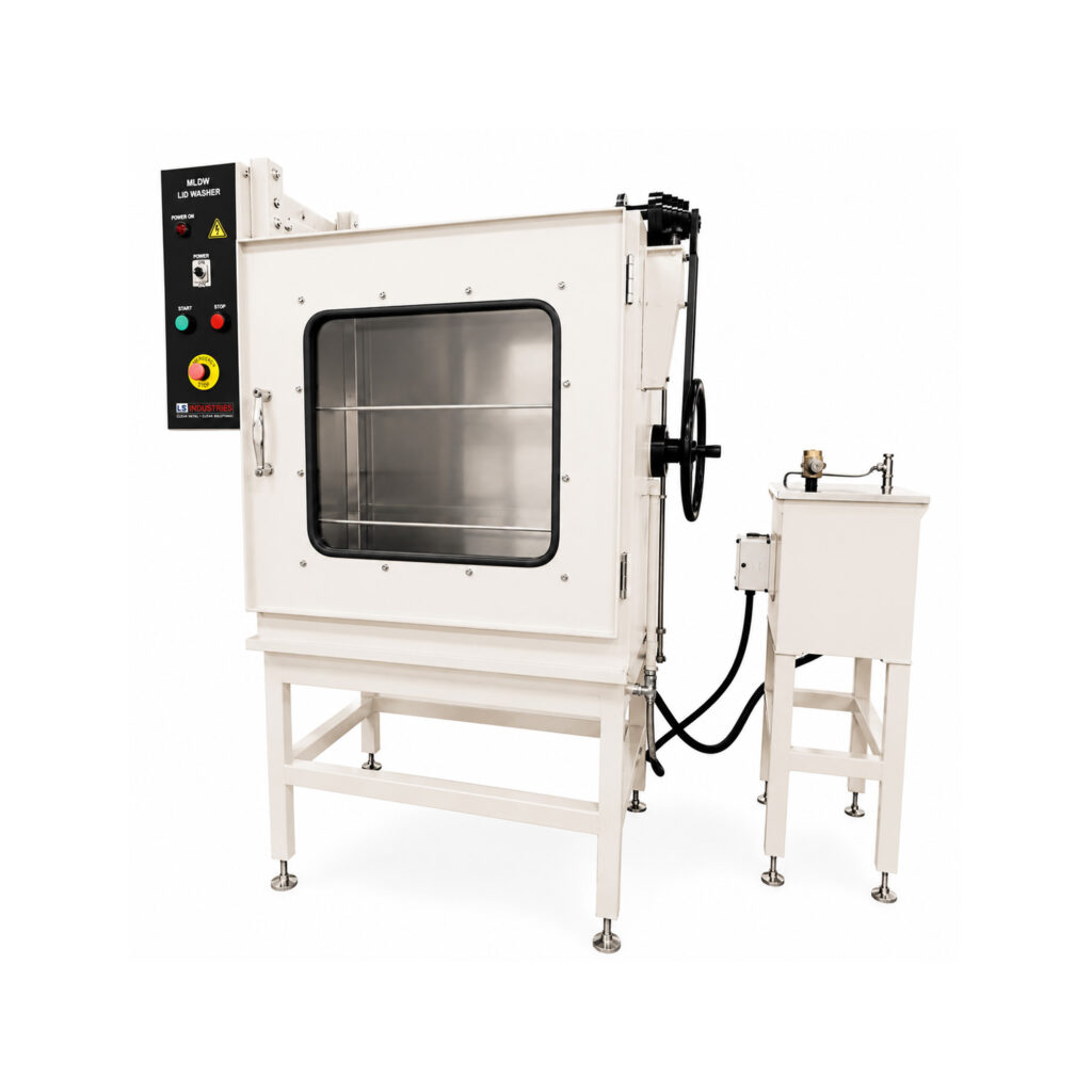 Angled view of a drum lid washer featuring an enclosed cleaning chamber designed to wash and sanitize removable drum lids and covers.