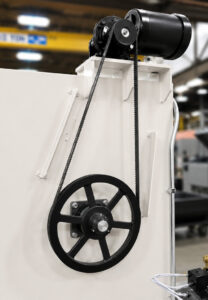Motor and rotating drive system of an LS Industries Drum Lid Washer, engineered to rotate drum lids through the wash cycle for consistent cleaning coverage and improved washing performance.