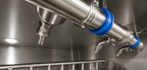 High-pressure spray nozzles inside an LS Industries Drum Lid Washer, designed to deliver complete cleaning coverage for removing residues, contaminants, and debris from drum lids.