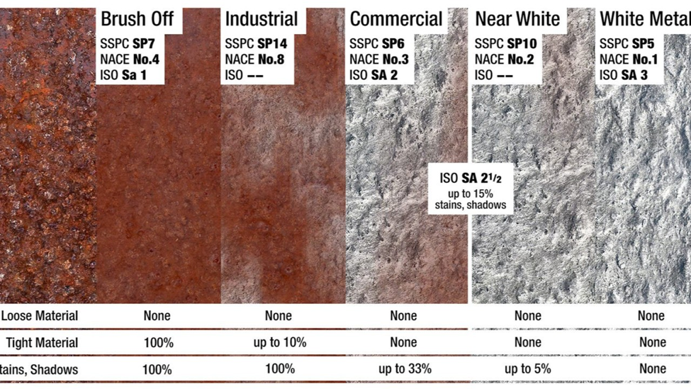 Surface preparation comparison chart showing blast cleanliness standards SP-5, SP-6, SP-7, SP-14, and SP-10 ranging from brush-off to white metal finish on steel surfaces.